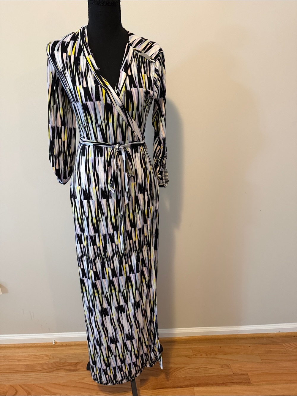 Calvin Klein Black, White & Yellow Geometric Maxi Wrap Dress